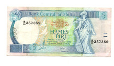 5 LIRI/POUNDS VERY FINE CRISP   BANKNOTE FROM MALTA  1989   PICK-42