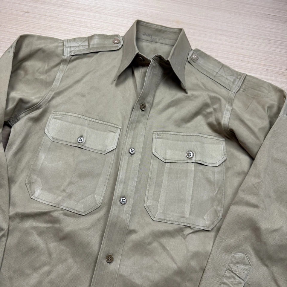 Vintage 60s Work Army Khaki Shirt Gussets Tan Mens Faded Small - Image 2 of 4