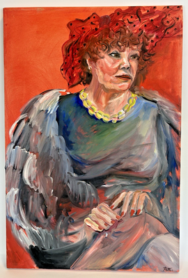 #ad Original Oil Painting Woman Portrait on Red Couch Signed Pettus 36x24 Modern Art $895.00