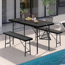3 Piece Folding Picnic Table with 2 Benches, 47.2" Faux Rattan Patio Set with Me
