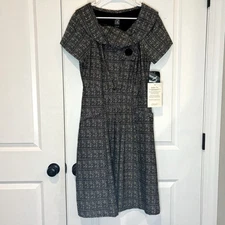 NWT JAX Black White Tweed Drape Collar Pleated Retro Dress 12