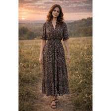 Boho Cottagecore Farm Prairie Wedding Navy Floral Ruffle Tier Maxi XS Dress NWT
