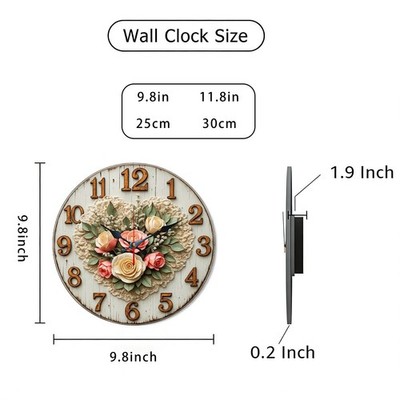 Rose Floral Heart Wooden Silent Wall Clock No Battery Holiday Home Decors