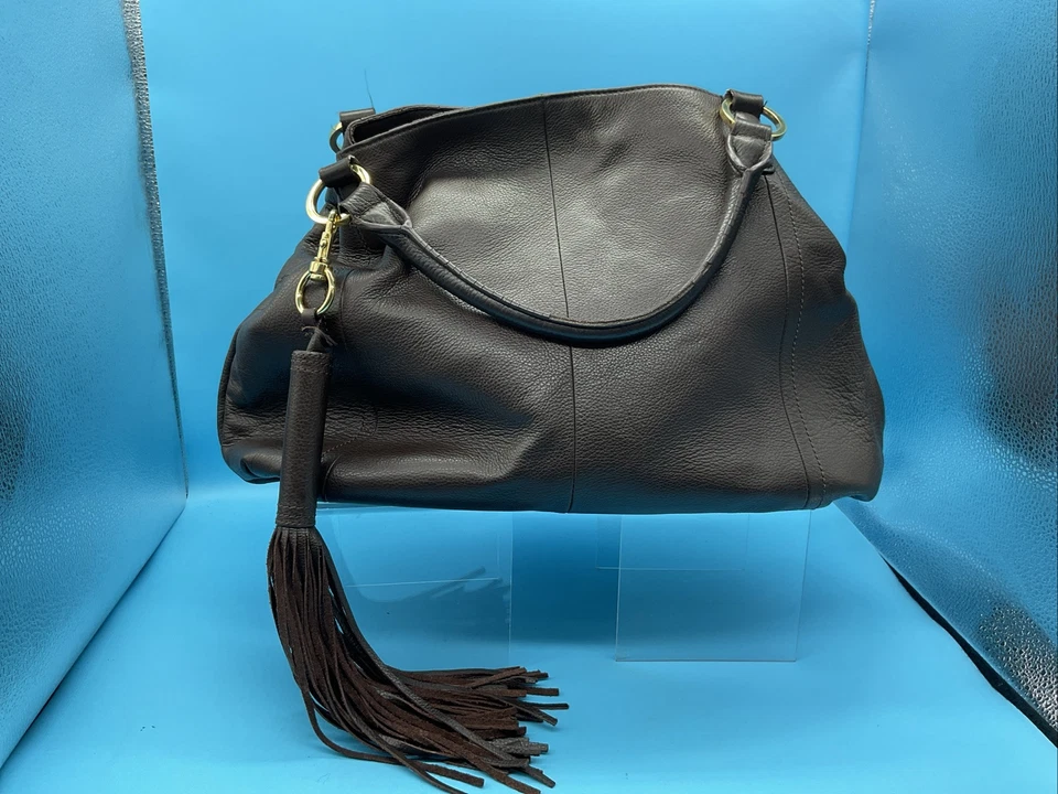 G.I.L.I Roma Leather Brown Large Handbag Purse Tote Bag Tassel Slouch Used*READ