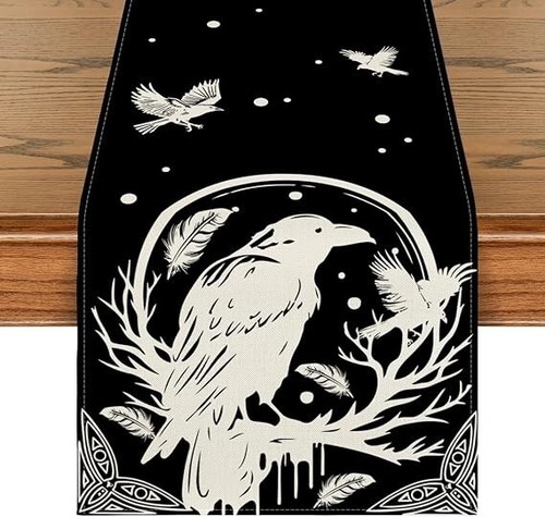 Läufer Tischläufer Krähe weiß schwarz Krähen Frühling 180x40cm Halloween Runen