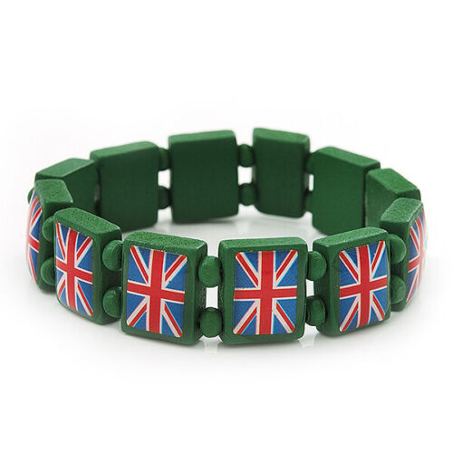 Green Stretch Wooden Bracelet/ UK British Flag Union Jack - 20cm L - Afbeelding 1 van 3
