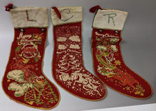 Set of 3 Vtg Christmas Stockings Red and White Flannel Santa Clause Reindeer