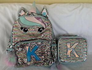Justice Girls Flip Sequins Unicorn Initial T Backpack School Bag Pastel