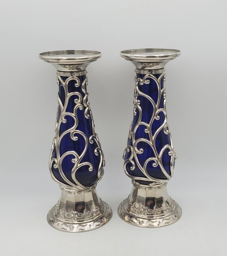 2er Set Vintage Kobaltblau Glas & Silber Stumpenkerzenständer Filigran Schnörkel - Bild 7 von 11