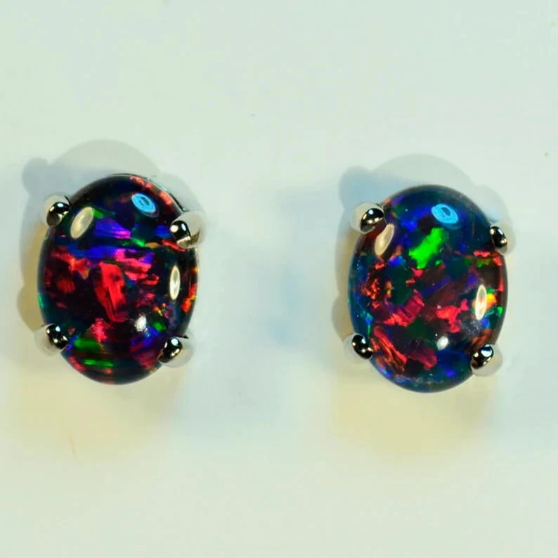 Женские серьги-гвоздики из стерлингового серебра 925 пробы с черным опалом кабошоном - Изображение 2 из 4