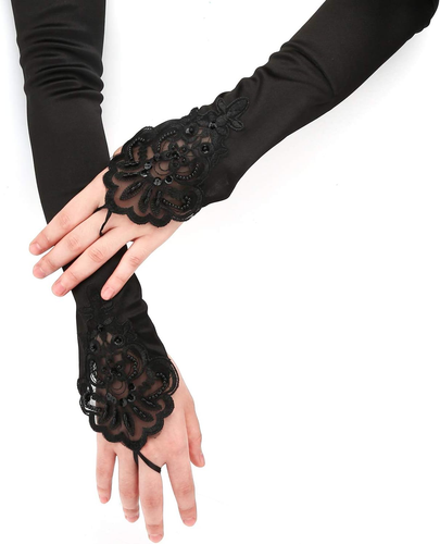 Fingerless Long Satin Gloves - 19 Inches Elbow Length Stretchy Opera Evening Par - Picture 5 of 6
