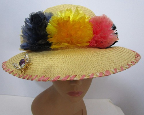 Natural Straw Pompom Raffia Hat Multicolored Wide… - image 1