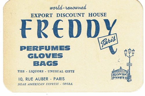 vintage trade business card Freddy Paris Perfumes Gloves Bags Paris 1960s France