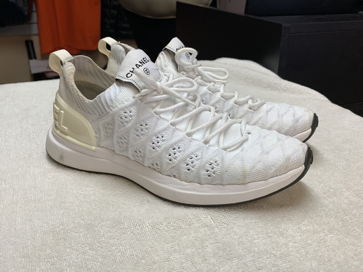 CHANEL White Logo Knit Fabric Athletic Sneakers Shoes (Size