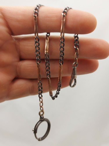 Antique Solid Silver Niello Gold Plate Pocket Watch Chain - Picture 3 of 5