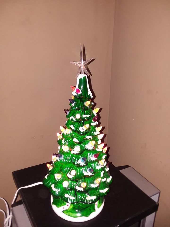 Vintage 12" Ceramic Lighted Christmas Tree and Base White cord thumb