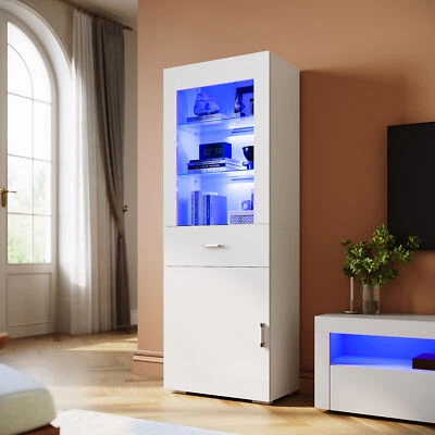 ELEGANT White Gloss Sideboards Storage Cupboard Tall Display Cabinet with RGB LED Lights