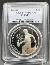 1996 P Atlanta Olympics Tennis 90% Silver Commemorative Dollar PCGS PR69 PROOF