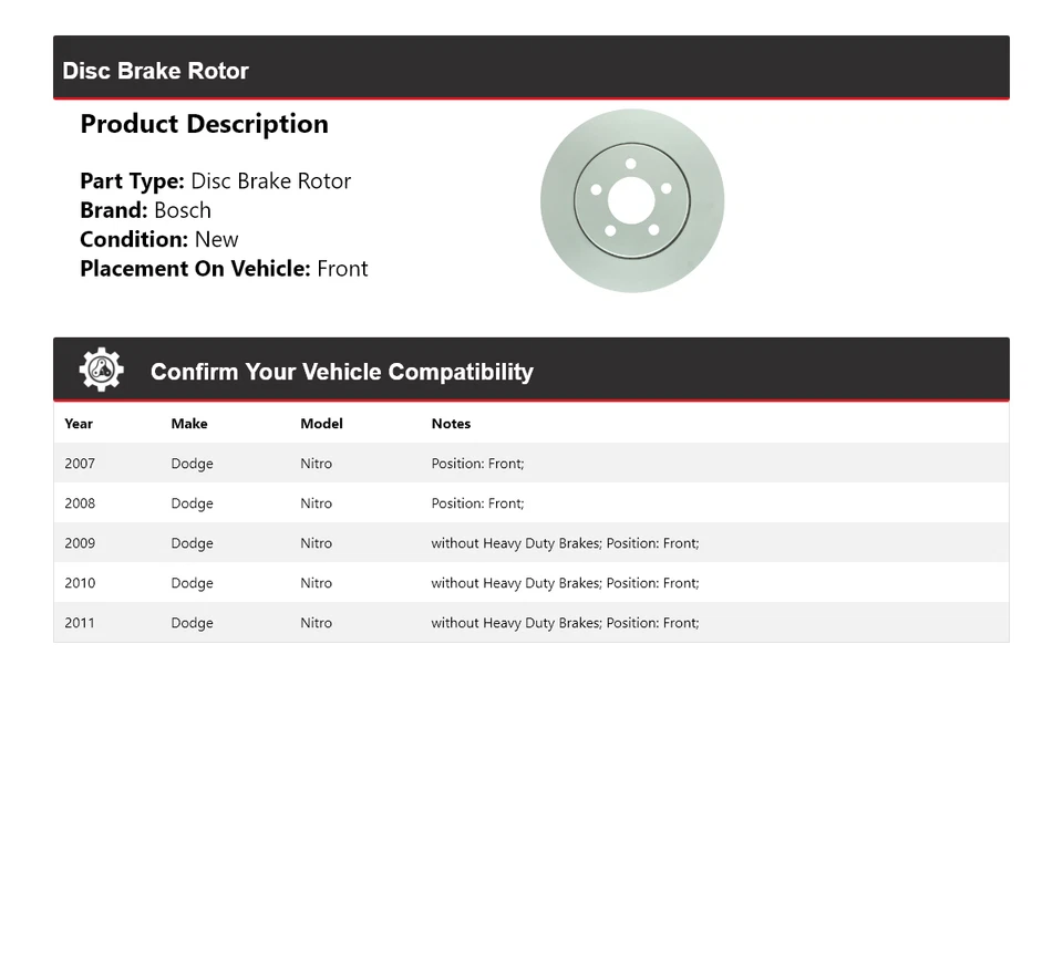 Rotor de freno de disco delantero QuietCast 2008 2009 2010 para Dodge Nitro Bosch 2007-2011 Foto 2 de 4