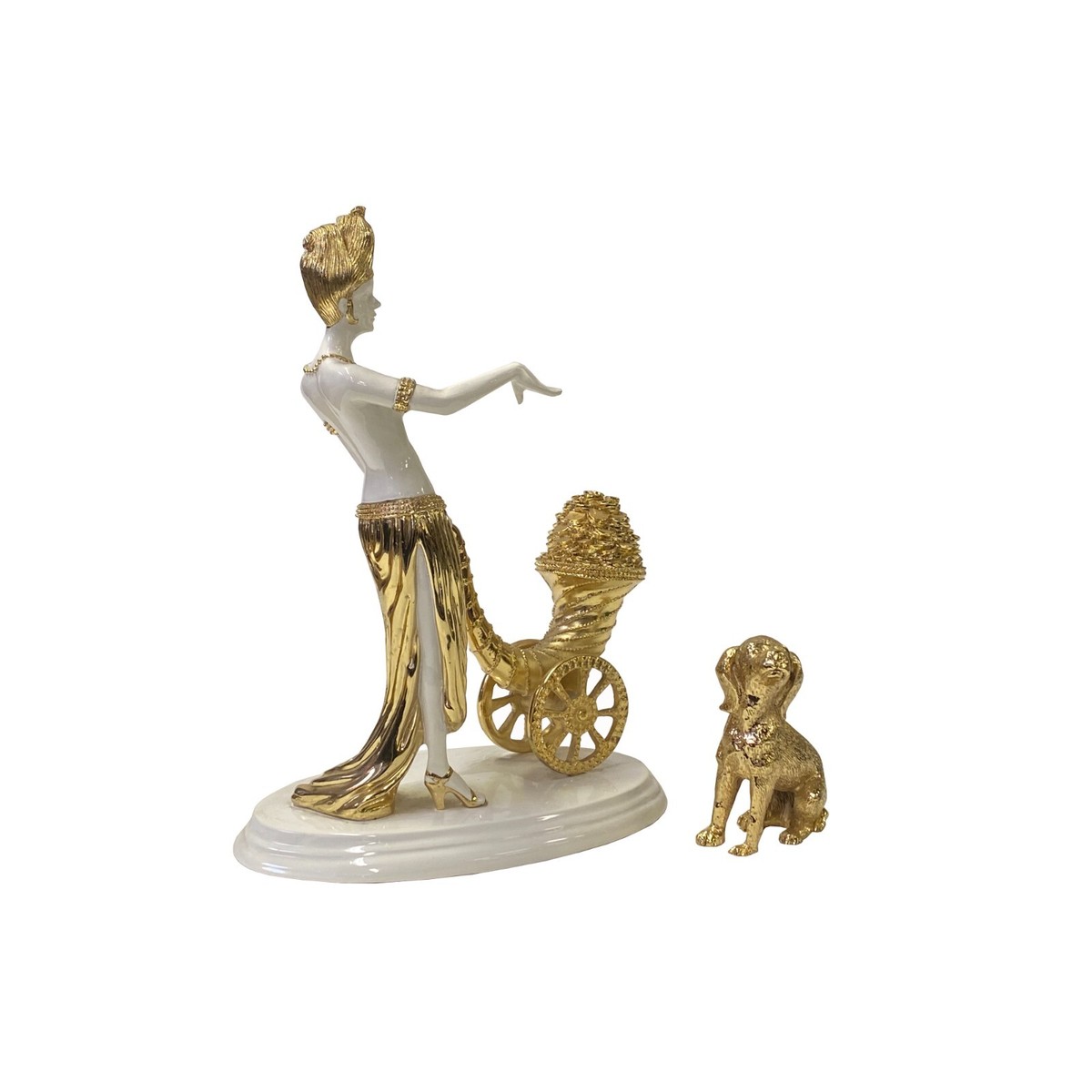 Gold White Coin Cart Lady w Poodle Fiber Glass Decor Figure ws3267S Gold White Coin Cart Lady w Poodle Fiber Glass Decor Figure ws3267S