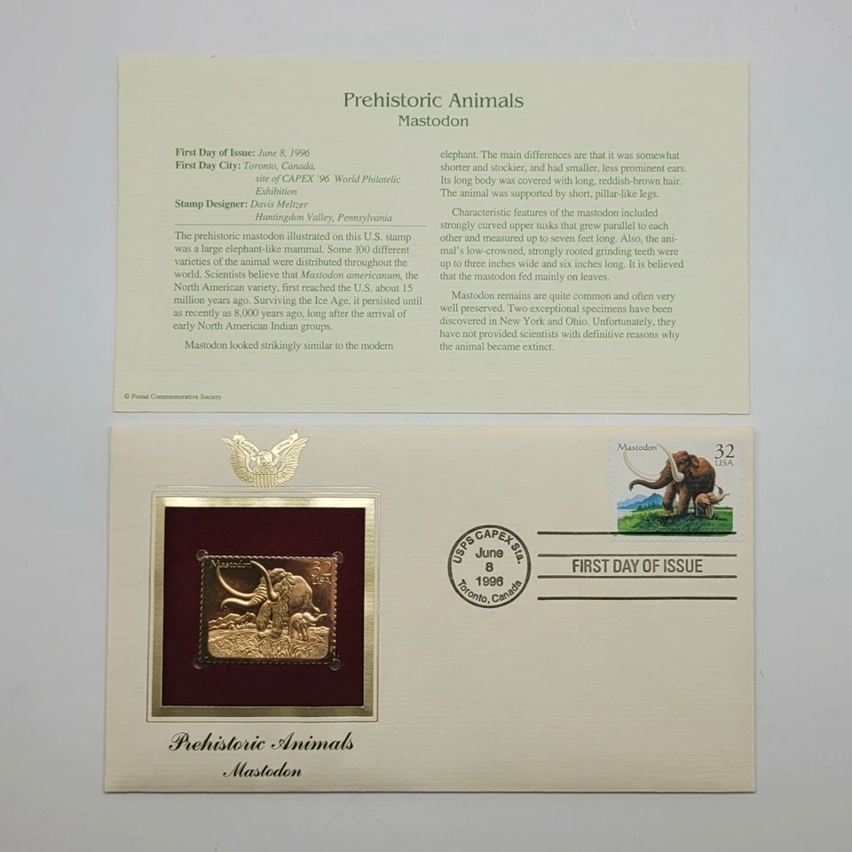 4 Prehistoric Animals 22kt Gold Stamps First Issue 32 Cent June 8, 1996. STP55 - Image 4 of 4