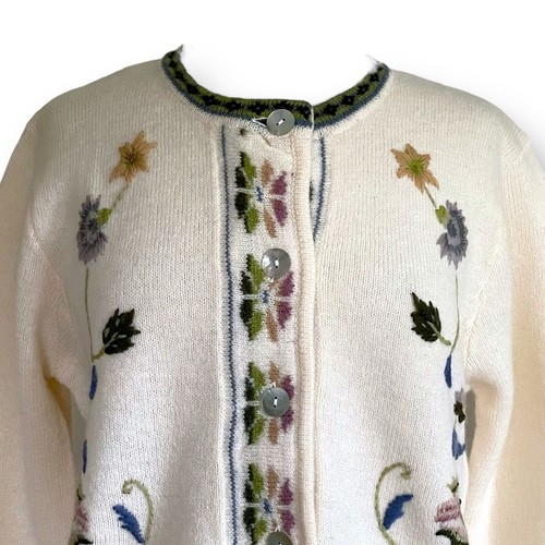 Coldwater Creek Womens Cardigan Sz Medium Ivory Floral Embroidered Wool Sweater - Picture 3 of 10