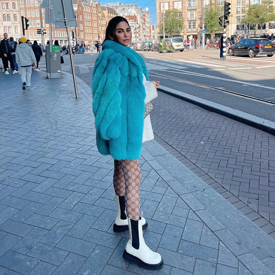 70cm Women Fashion Genuine Fox Fur Coats Real Fox Fur Lapel Outwear Thick Jacket - Image 3 of 4