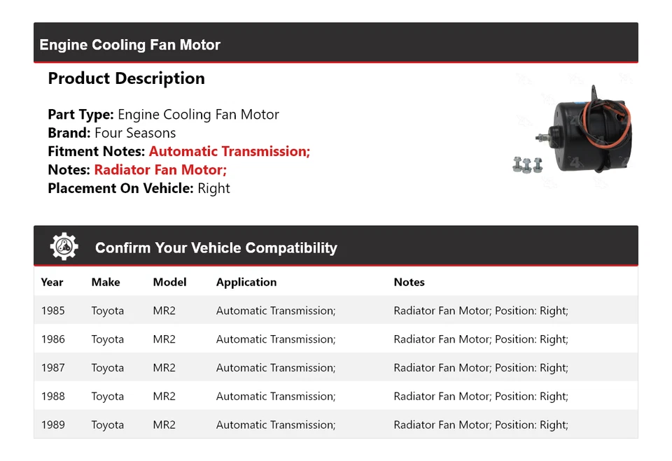 Para 1985-1989 Toyota MR2 motor ventilador de refrigeração motor direito 4 estações 1986 1987 1988 - Imagem 2 de 4