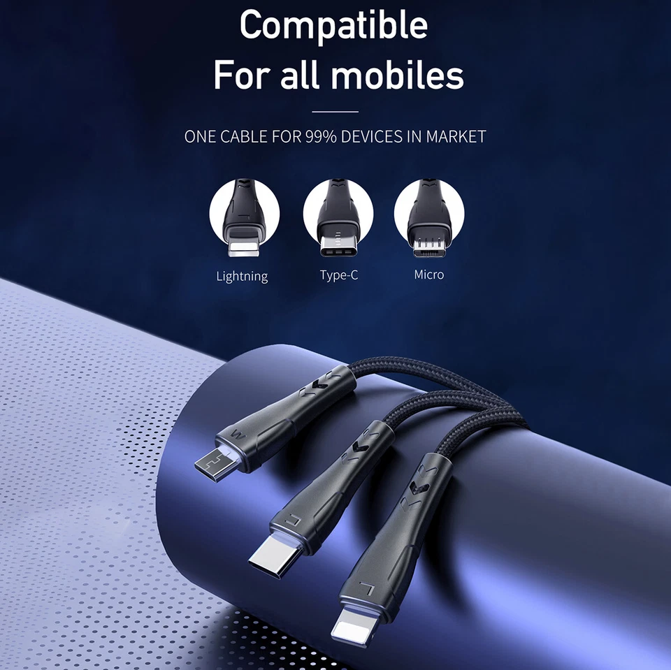 Cargador de cable micro USB tipo C trenzado 3 en 1 Mcdodo para iPhone 12 11 Samsung S21 Foto 2 de 4