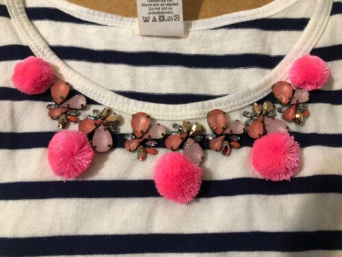 Crewcuts J Crew Mädchen marineblau weiß gestreiftes Kleid mit Strass rosa Bommeln Größe 12 - Bild 4 von 7
