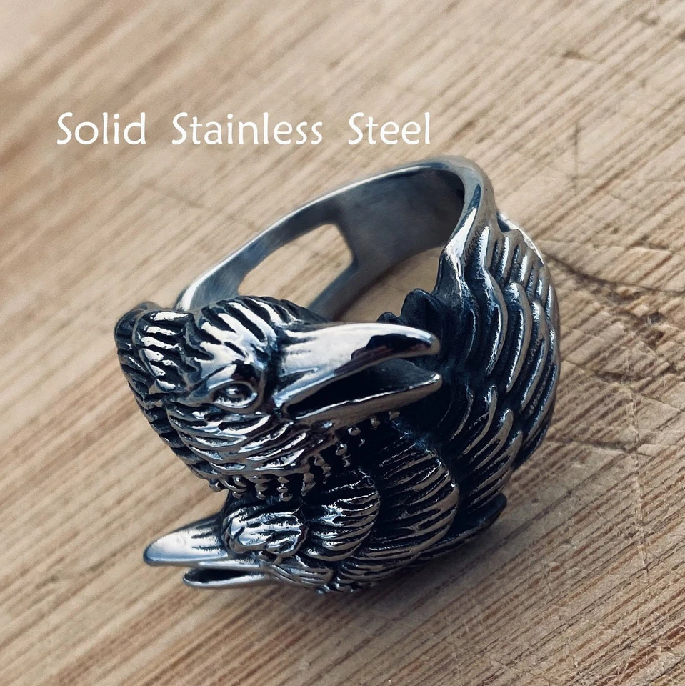 MENDEL Stainless Steel Mens Biker Viking Odin Crow Bird Raven Ring Men Size 7-14 - Image 2 of 4