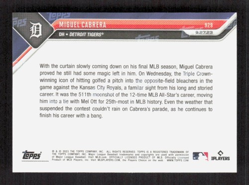 2023 Topps Now #929 Miguel Cabrera Blue 44/49 - Picture 2 of 2