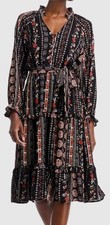 T Tahari Women's Black Floral Printed Fit & Flare Tiered Midi Dress Size M