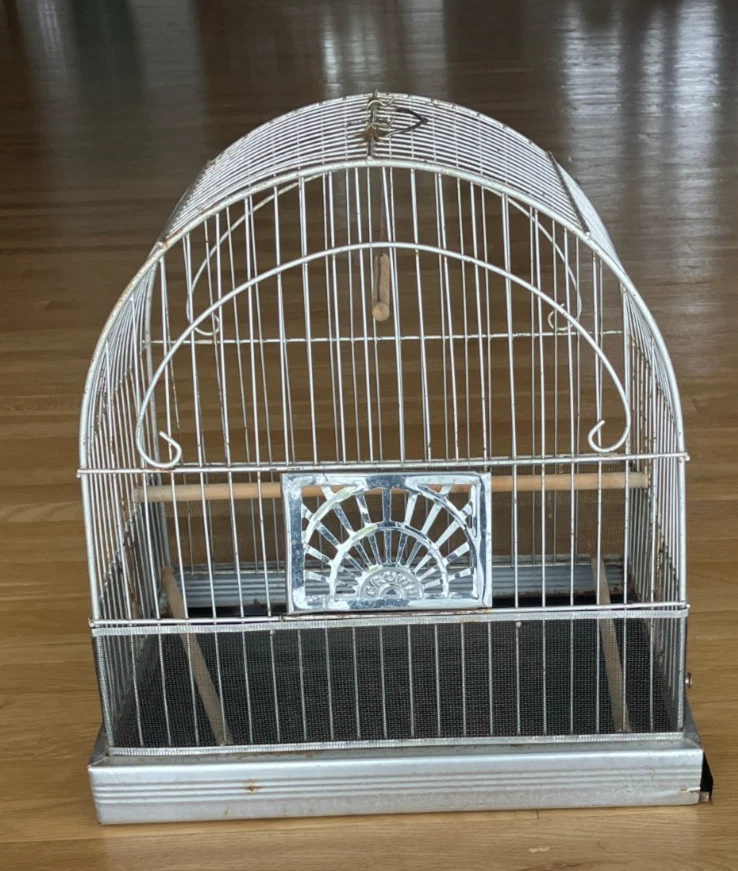 Vintage Crown Bird Cage Hanging Original Silver Wire Color Shabby Chic Cottage
