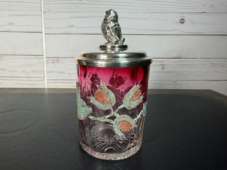 Victorian Art Glass Rubina Castor Beaded Coraline Silverplate Lid Bird Finial