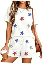 4th of July USA 2 Piece Outfits Women American Flag Shirts Sequin Medium White