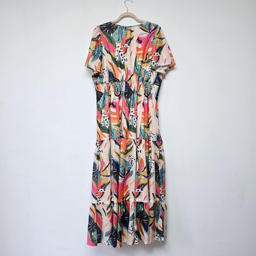 OTT Size 2X Maxi Dress Bright Floral Tiered Lined Short Sleeve Long V-Neck NWT - Picture 3 of 14