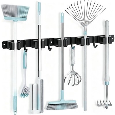 Broom Holder Wall Mount, 5 Racks 4 Hooks Heavy Duty Mop Organizer Mop Holder