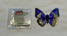 NEW Cache Advance Hinged Butterfly Geocoin - Blue/gold Sparkle & Monarch Orange 