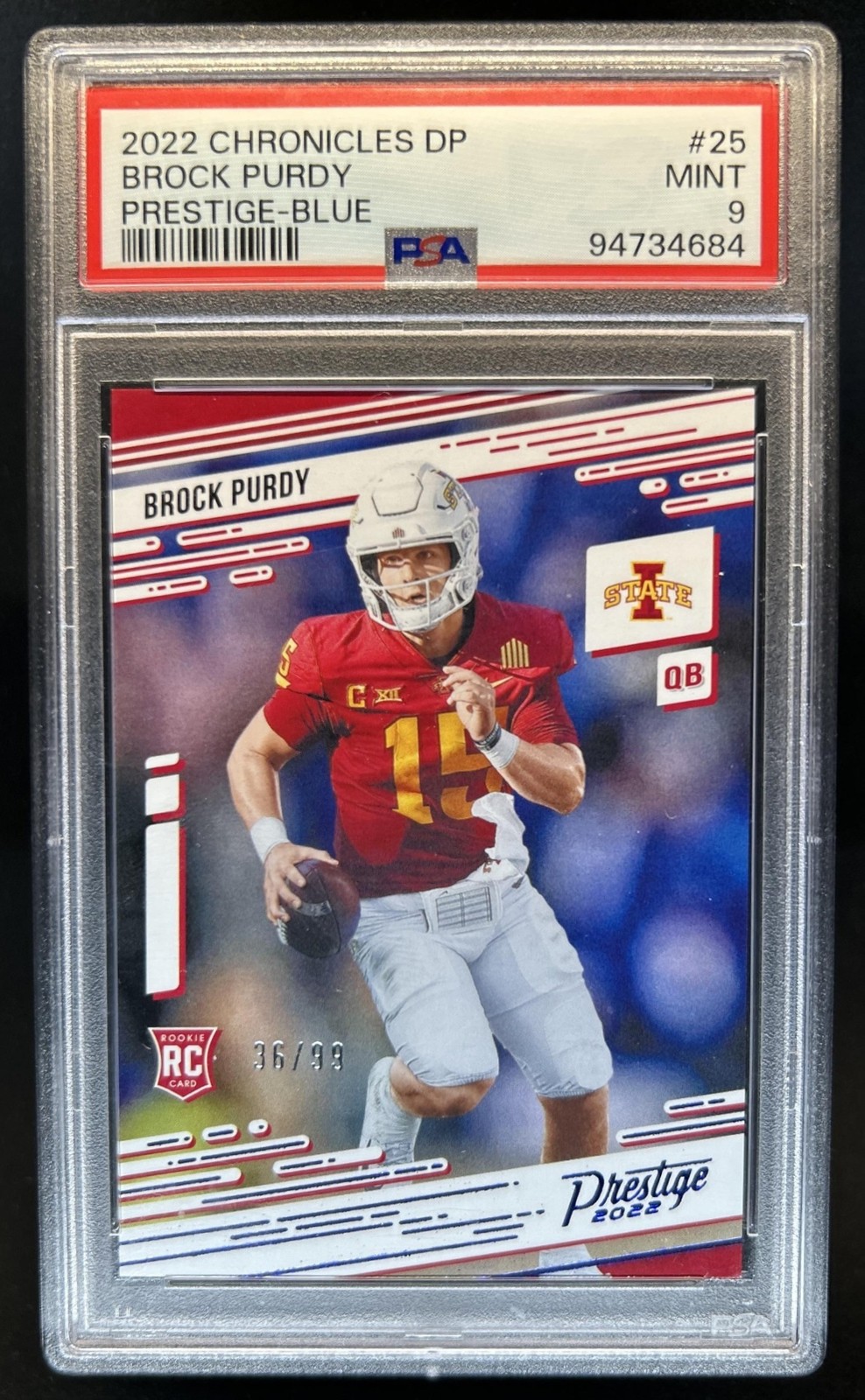 2022 Chronicles Draft Picks Brock Purdy Prestige RC Blue #/99 Cyclones PSA 9