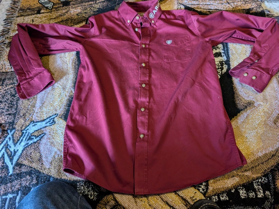 Ariat Shirt Boys XL 18 Burgundy Button Down Long Sleeve Embroidered Logo Western - Image 2 of 4