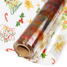 Clear Cellophane Wrap with Christmas Designs, 100 Ft x 34 In Extra Wide Cello...