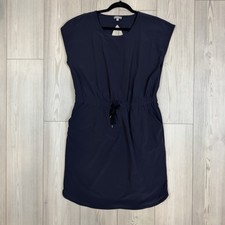 T by Talbots Blouson Dress Large Petite LP Navy Blue Drawstring Waist Cap Sleeve