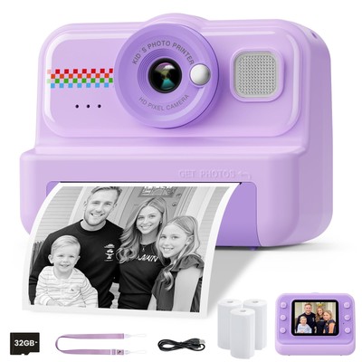 Kids Instant Print Camera, 1080P HD with 3 Rolls Print Paper & 32GB Card, Ide...