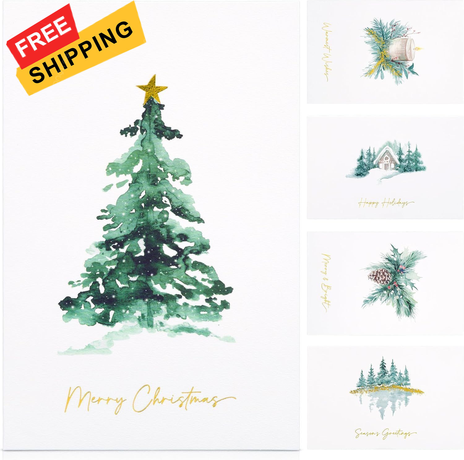 ZICOTO Beautiful Christmas Cards Set of 20 with 4x6 inches, watercolor 