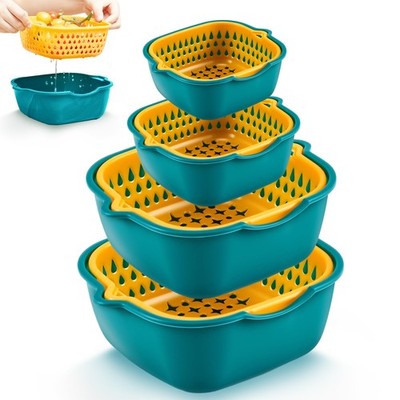 8 PCS Drain Colander Bowl Set Double-layer Plastic Food Basket Orange