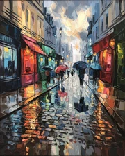 Rainy Paris Street | Umbrellas & Café Lights | Impressionist Art Museum Art