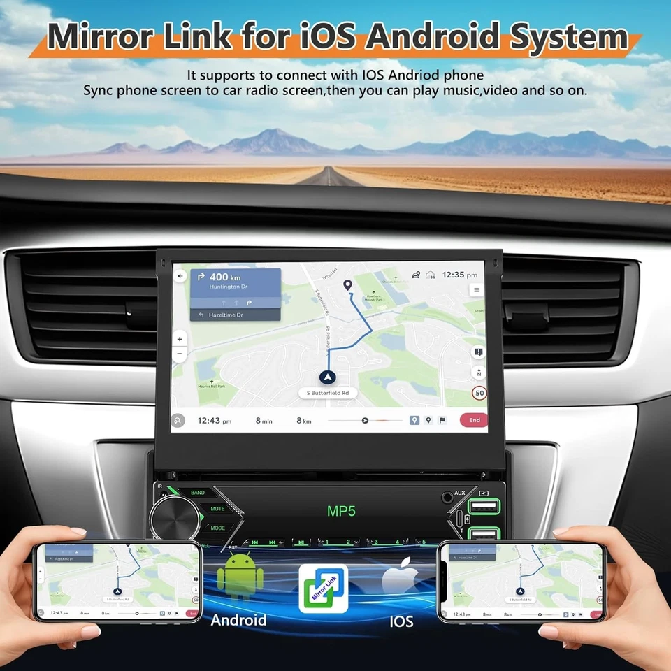 Autoradio Carplay 1 Din Schermo 7" a scomparsa Wireless Android Auto, Bluetooth - Immagine 3 di 4