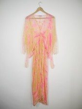 Juliet Dunn Maxi Dress Orange Pink Chiffon Silk Vintage V-Neck Pleated One Size