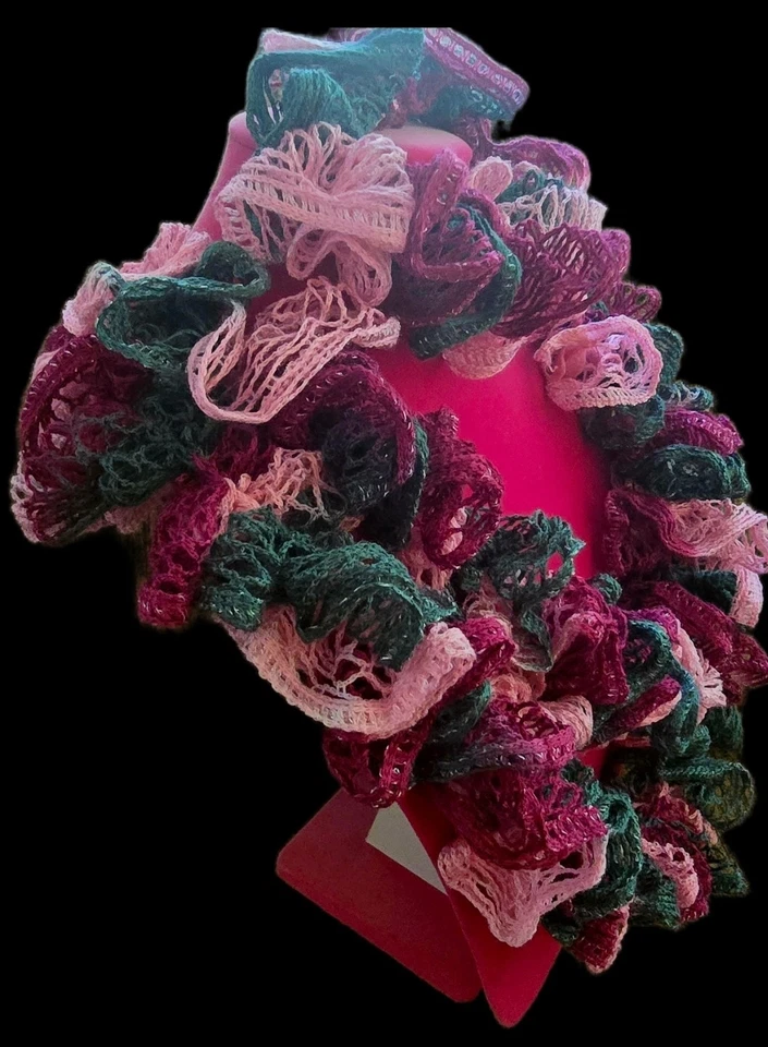 Juego de bufanda/scrunchie con volantes hecho a mano, multicolor, más largo, granate/gris/rosa Foto 3 de 4